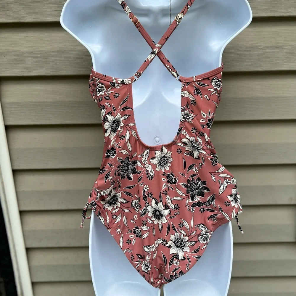 Kona Sol size L floral blush side ties crisscross one piece swimsuit